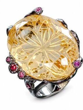 42 Ct Hand Carved Natural Lemon Quartz Statement Ring Size 8.25